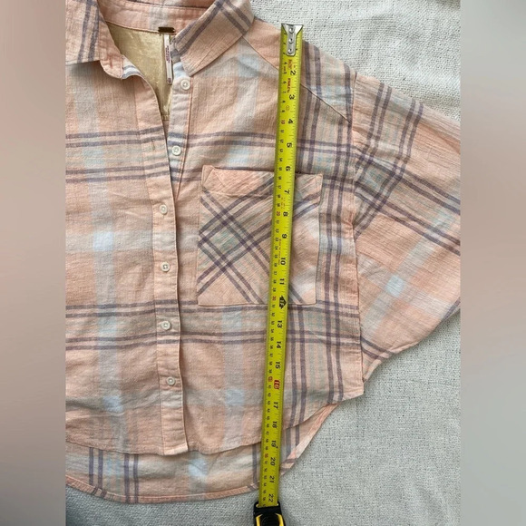 FREE People Peach purple white Cropped Boxy Fit Wide Sleeve Flannel Shirt S - Picture 9 of 11